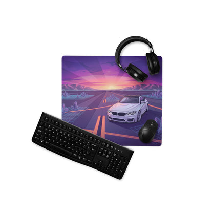 BMW M4 F82 Inspired White Purple Vaporwave Gaming Mouse Pad, Retro Sports Coupe Desk Mat with Neon Sunset Highway and Crystal Landscape Artwork