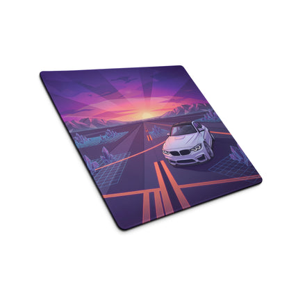 BMW M4 F82 Inspired White Purple Vaporwave Gaming Mouse Pad, Retro Sports Coupe Desk Mat with Neon Sunset Highway and Crystal Landscape Artwork