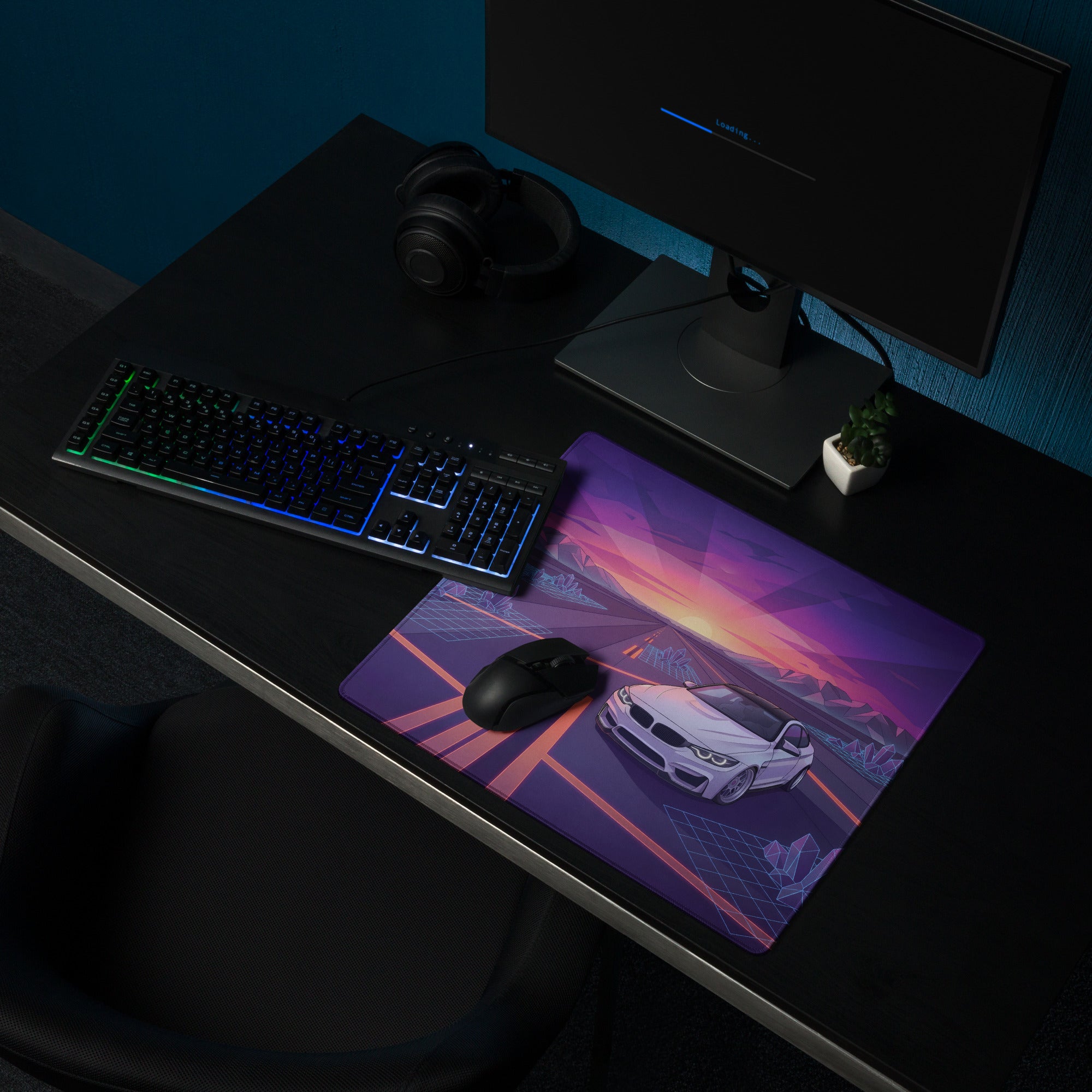 BMW M4 F82 Inspired White Purple Vaporwave Gaming Mouse Pad, Retro Sports Coupe Desk Mat with Neon Sunset Highway and Crystal Landscape Artwork