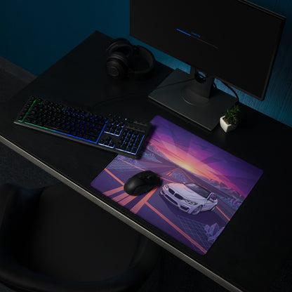 BMW M4 F82 Inspired White Purple Vaporwave Gaming Mouse Pad, Retro Sports Coupe Desk Mat with Neon Sunset Highway and Crystal Landscape Artwork