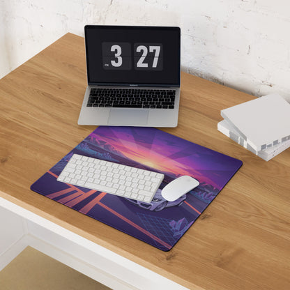 BMW M4 F82 Inspired White Purple Vaporwave Gaming Mouse Pad, Retro Sports Coupe Desk Mat with Neon Sunset Highway and Crystal Landscape Artwork