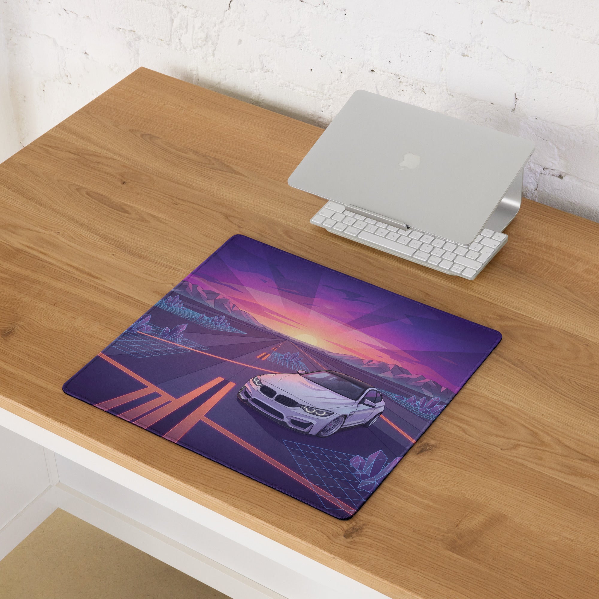 BMW M4 F82 Inspired White Purple Vaporwave Gaming Mouse Pad, Retro Sports Coupe Desk Mat with Neon Sunset Highway and Crystal Landscape Artwork