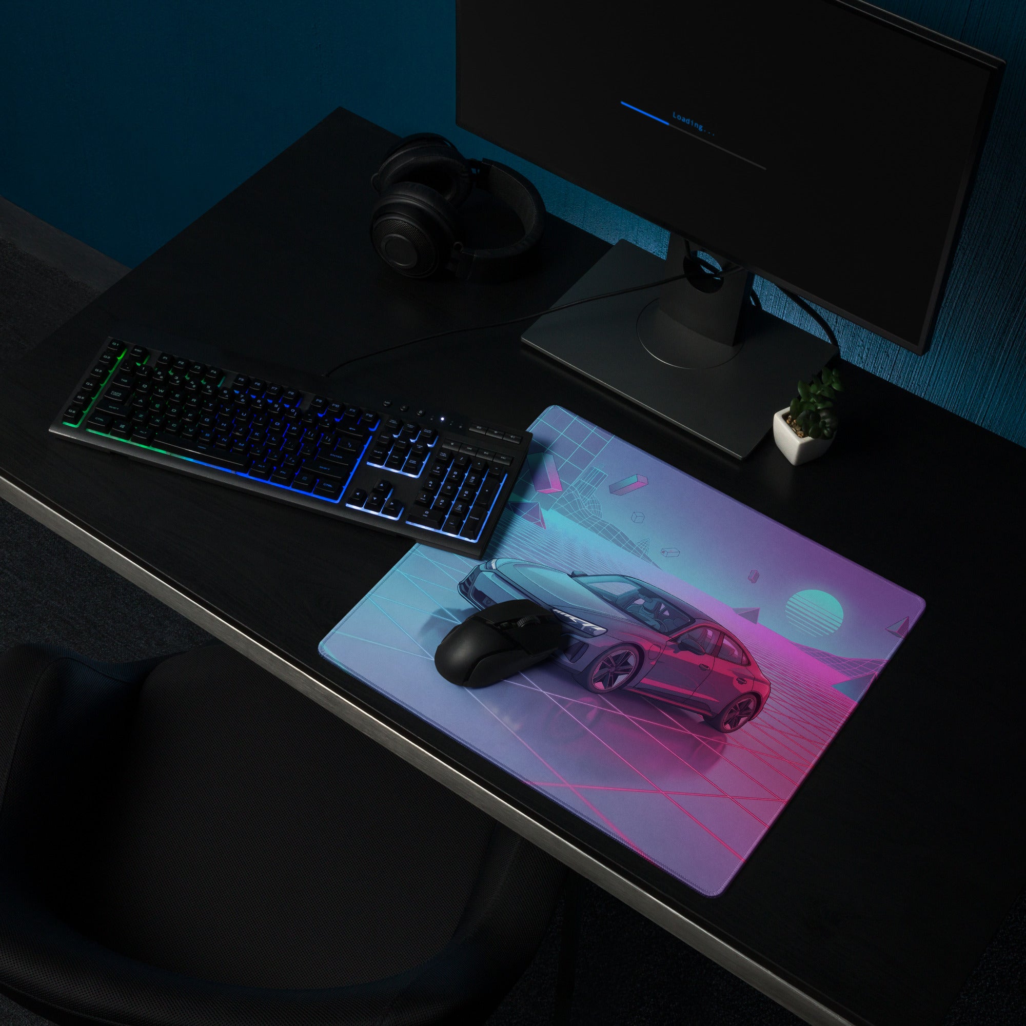 Audi RS7 Inspired Gray Pink Vaporwave Gaming Mouse Pad, Neon Luxury Sportback Desk Mat with Retro Futuristic Grid Sunset Artwork