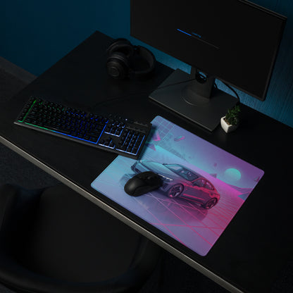 Audi RS7 Inspired Gray Pink Vaporwave Gaming Mouse Pad, Neon Luxury Sportback Desk Mat with Retro Futuristic Grid Sunset Artwork