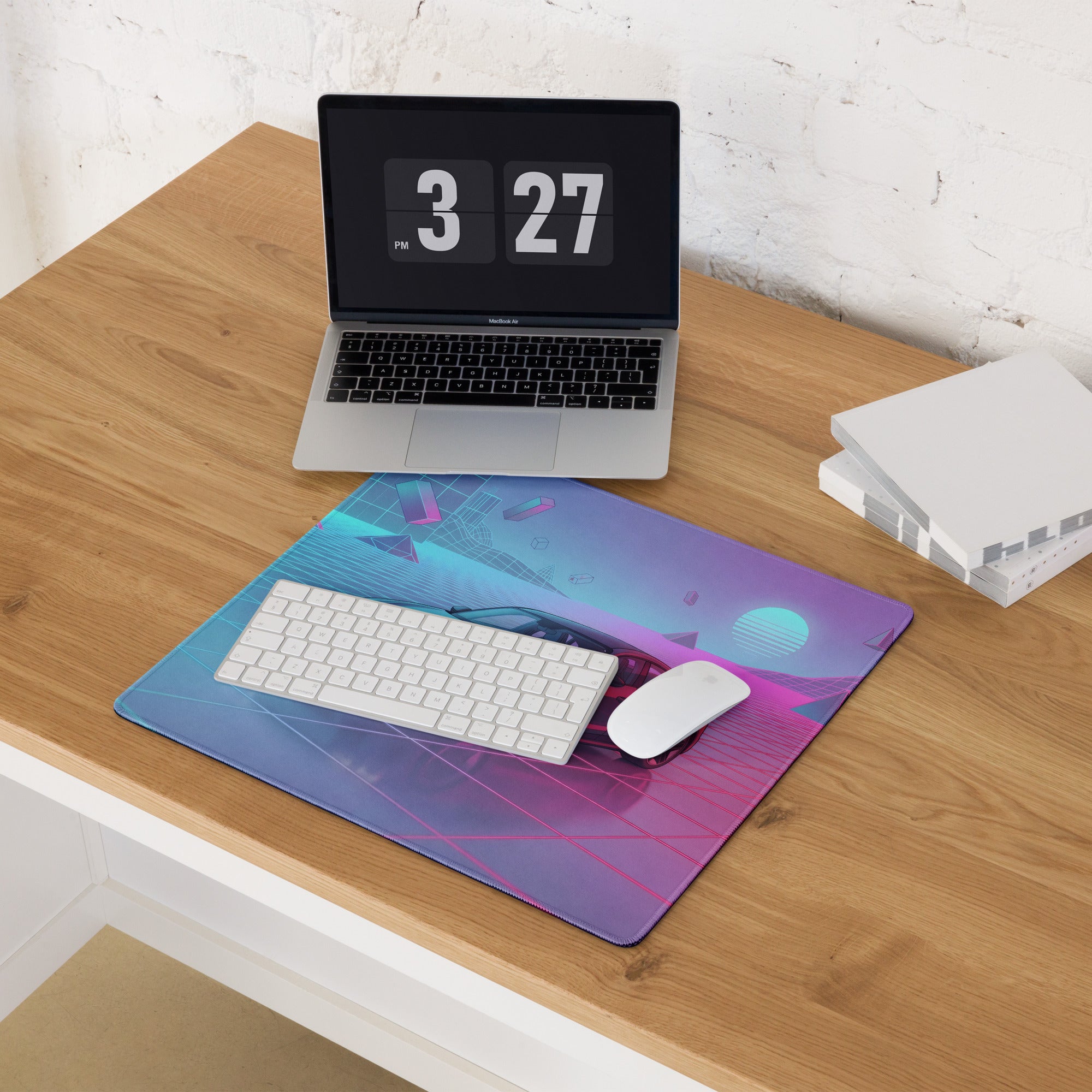 Audi RS7 Inspired Gray Pink Vaporwave Gaming Mouse Pad, Neon Luxury Sportback Desk Mat with Retro Futuristic Grid Sunset Artwork
