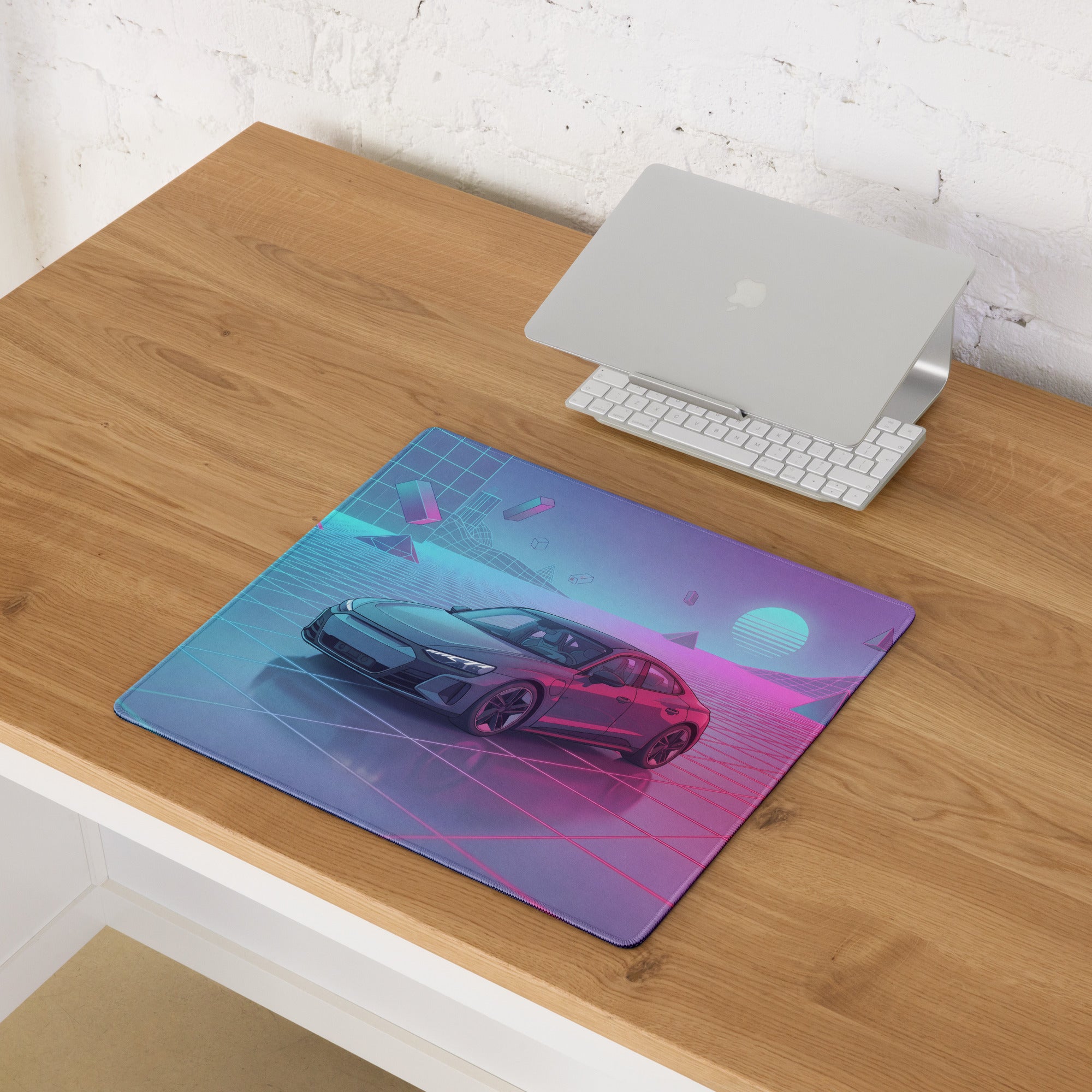 Audi RS7 Inspired Gray Pink Vaporwave Gaming Mouse Pad, Neon Luxury Sportback Desk Mat with Retro Futuristic Grid Sunset Artwork