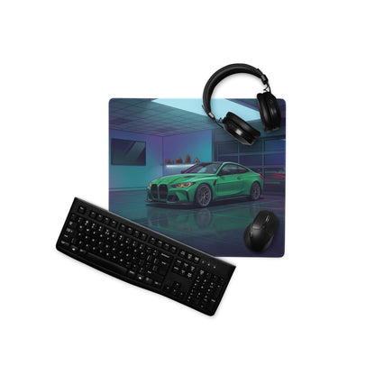 BMW M4 G82 Inspired Green Blue Vaporwave Gaming Mouse Pad, Neon Sports Coupe Desk Mat with Futuristic Luxury Garage Artwork