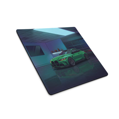BMW M4 G82 Inspired Green Blue Vaporwave Gaming Mouse Pad, Neon Sports Coupe Desk Mat with Futuristic Luxury Garage Artwork