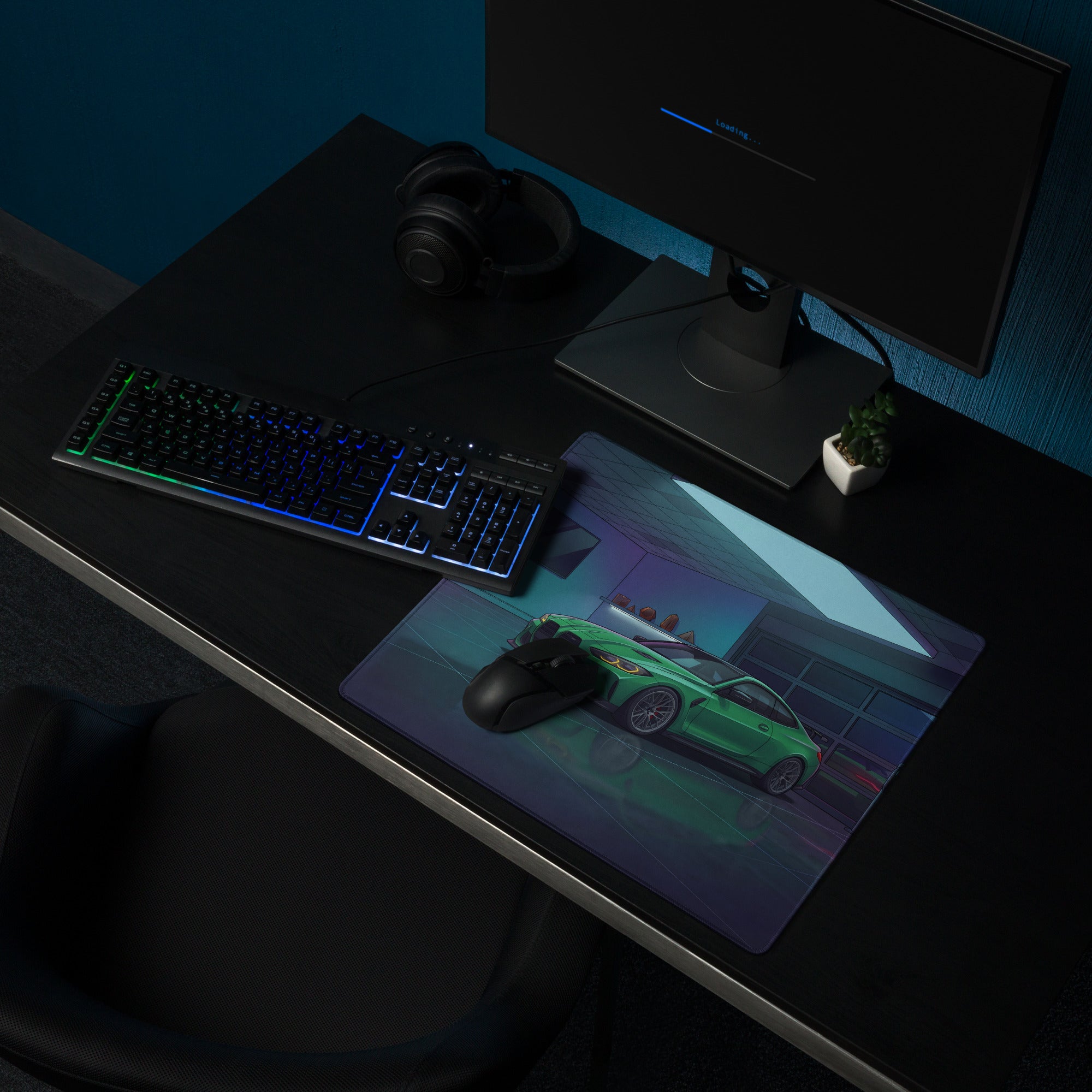 BMW M4 G82 Inspired Green Blue Vaporwave Gaming Mouse Pad, Neon Sports Coupe Desk Mat with Futuristic Luxury Garage Artwork