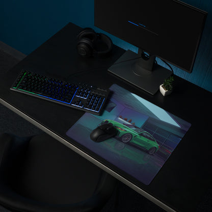 BMW M4 G82 Inspired Green Blue Vaporwave Gaming Mouse Pad, Neon Sports Coupe Desk Mat with Futuristic Luxury Garage Artwork