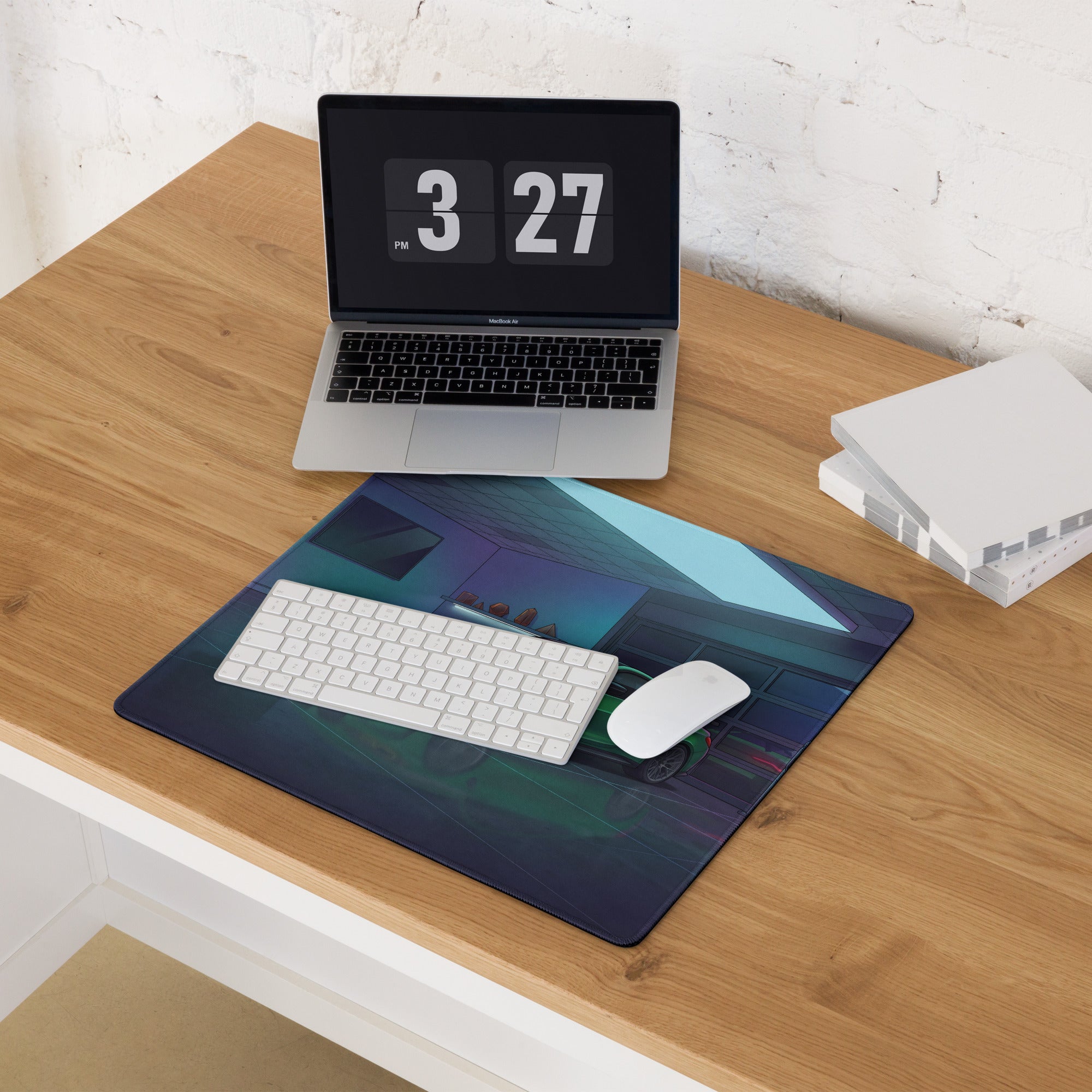 BMW M4 G82 Inspired Green Blue Vaporwave Gaming Mouse Pad, Neon Sports Coupe Desk Mat with Futuristic Luxury Garage Artwork