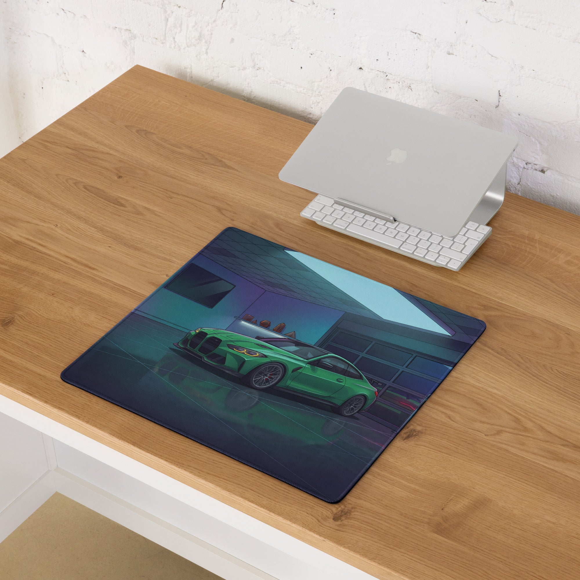 BMW M4 G82 Inspired Green Blue Vaporwave Gaming Mouse Pad, Neon Sports Coupe Desk Mat with Futuristic Luxury Garage Artwork