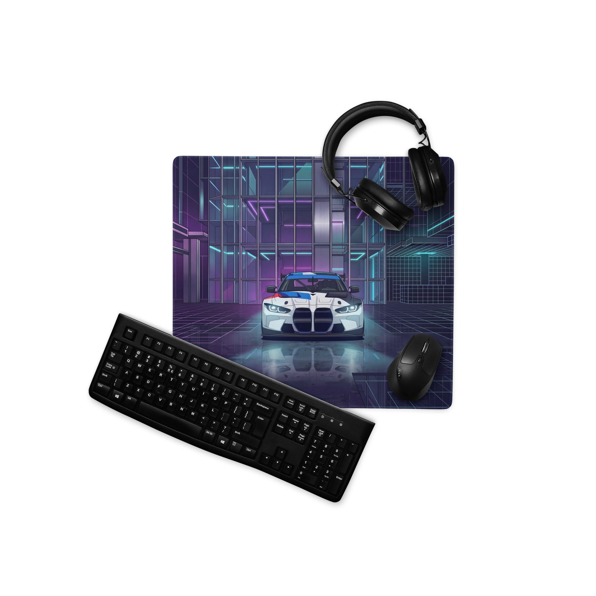 BMW M4 GT3 Inspired White Blue Vaporwave Gaming Mouse Pad, Neon Race Car Desk Mat with Futuristic Cyberpunk City Artwork