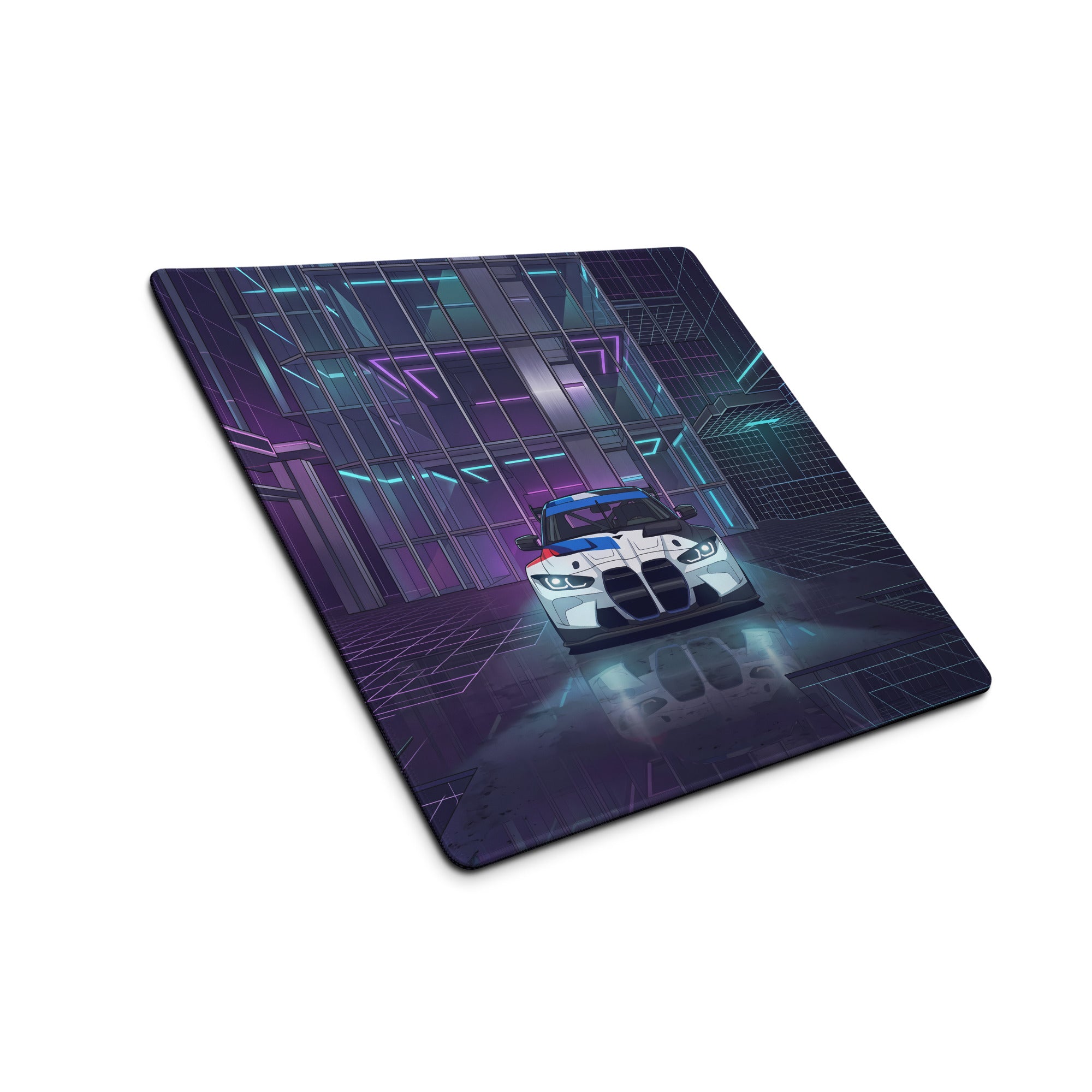 BMW M4 GT3 Inspired White Blue Vaporwave Gaming Mouse Pad, Neon Race Car Desk Mat with Futuristic Cyberpunk City Artwork