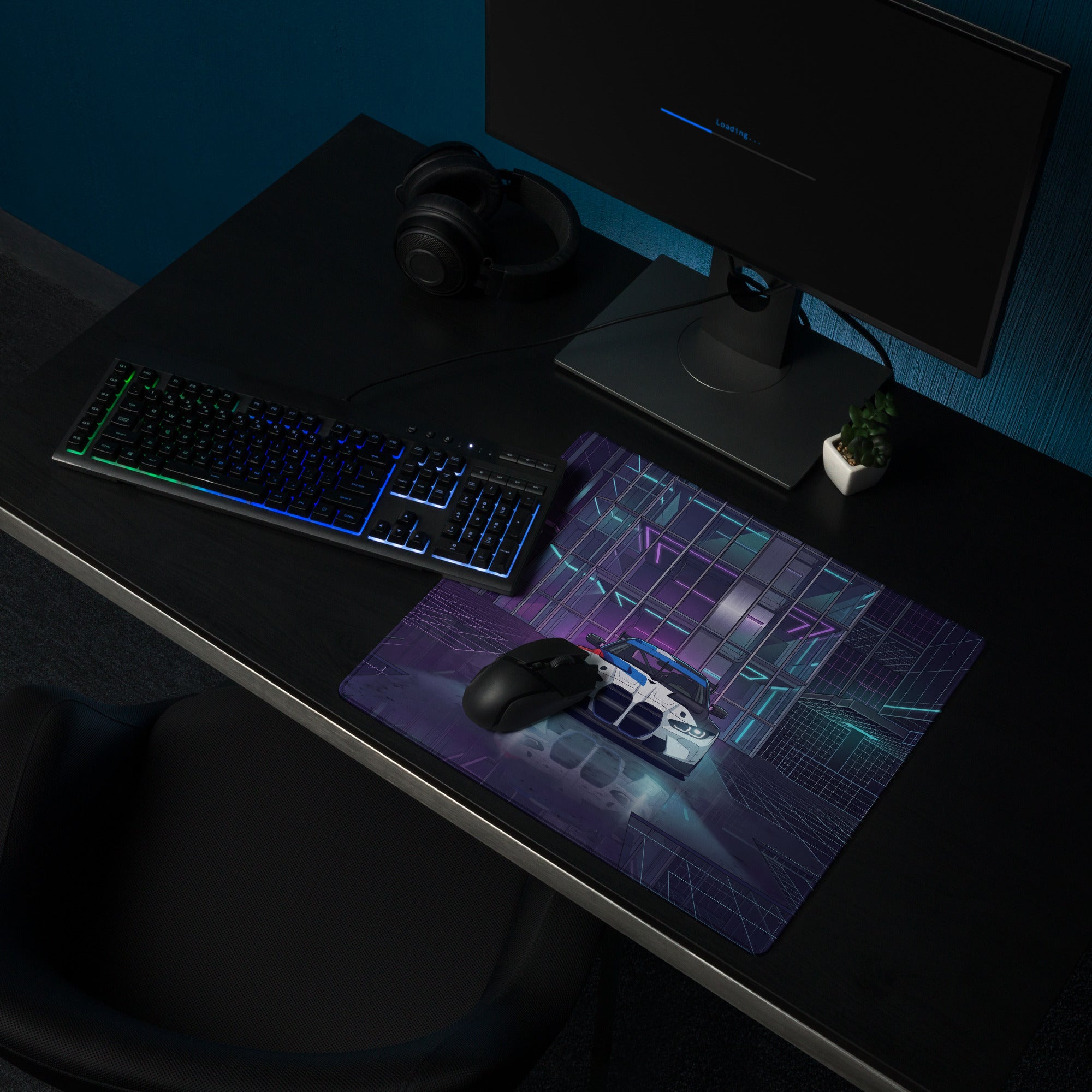 BMW M4 GT3 Inspired White Blue Vaporwave Gaming Mouse Pad, Neon Race Car Desk Mat with Futuristic Cyberpunk City Artwork