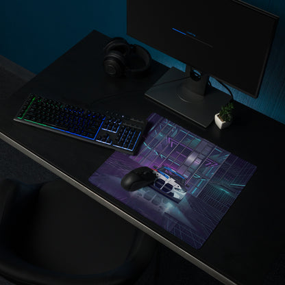 BMW M4 GT3 Inspired White Blue Vaporwave Gaming Mouse Pad, Neon Race Car Desk Mat with Futuristic Cyberpunk City Artwork