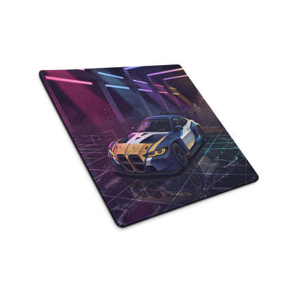 BMW M4 GT3 Inspired Blue Gold Vaporwave Gaming Mouse Pad, Neon Race Car Desk Mat with Futuristic Cyberpunk Garage Artwork