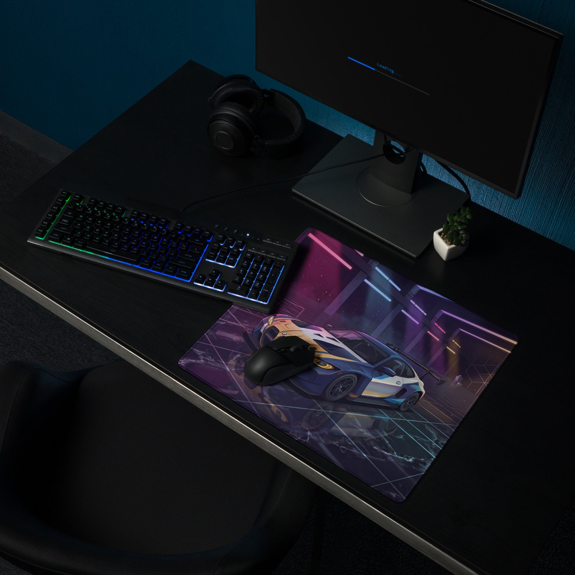 BMW M4 GT3 Inspired Blue Gold Vaporwave Gaming Mouse Pad, Neon Race Car Desk Mat with Futuristic Cyberpunk Garage Artwork