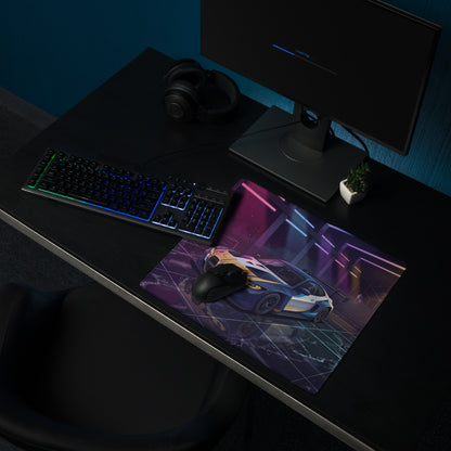 BMW M4 GT3 Inspired Blue Gold Vaporwave Gaming Mouse Pad, Neon Race Car Desk Mat with Futuristic Cyberpunk Garage Artwork