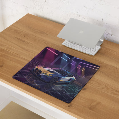 BMW M4 GT3 Inspired Blue Gold Vaporwave Gaming Mouse Pad, Neon Race Car Desk Mat with Futuristic Cyberpunk Garage Artwork