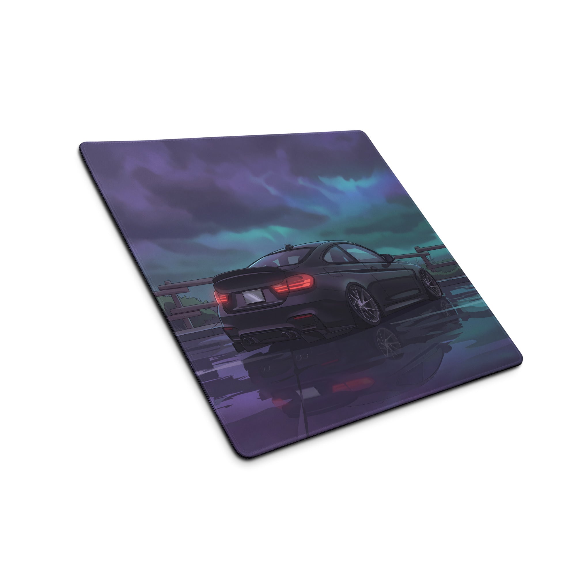 BMW M3 F80 Inspired Black Purple Vaporwave Gaming Mouse Pad, Moody Sports Sedan Desk Mat with Stormy Coastal Road Artwork