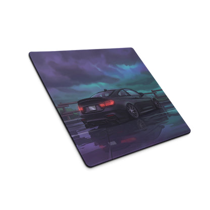 BMW M3 F80 Inspired Black Purple Vaporwave Gaming Mouse Pad, Moody Sports Sedan Desk Mat with Stormy Coastal Road Artwork