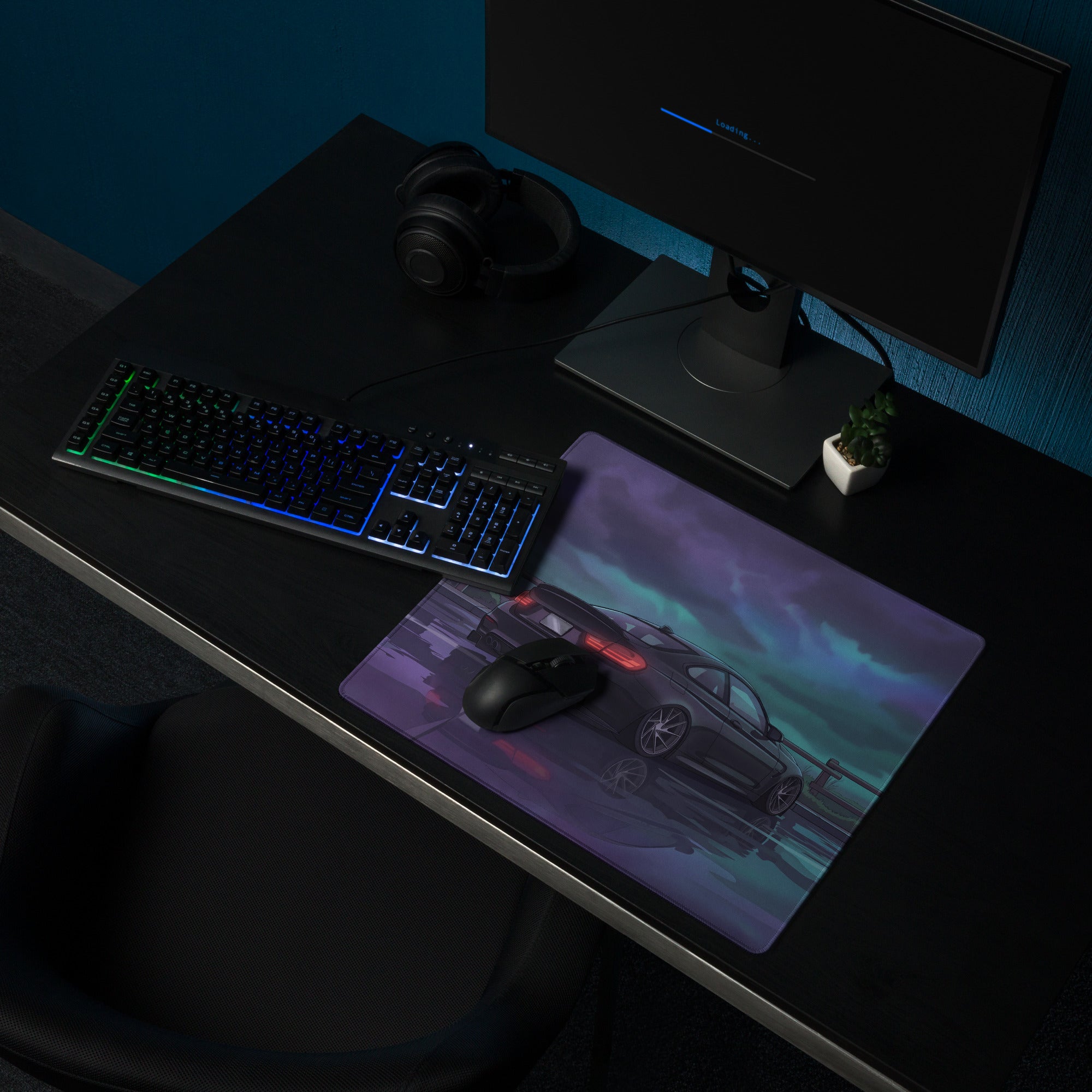 BMW M3 F80 Inspired Black Purple Vaporwave Gaming Mouse Pad, Moody Sports Sedan Desk Mat with Stormy Coastal Road Artwork