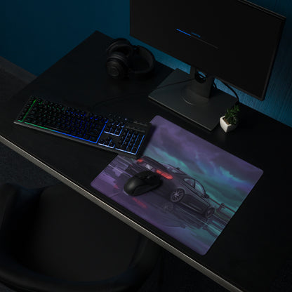 BMW M3 F80 Inspired Black Purple Vaporwave Gaming Mouse Pad, Moody Sports Sedan Desk Mat with Stormy Coastal Road Artwork