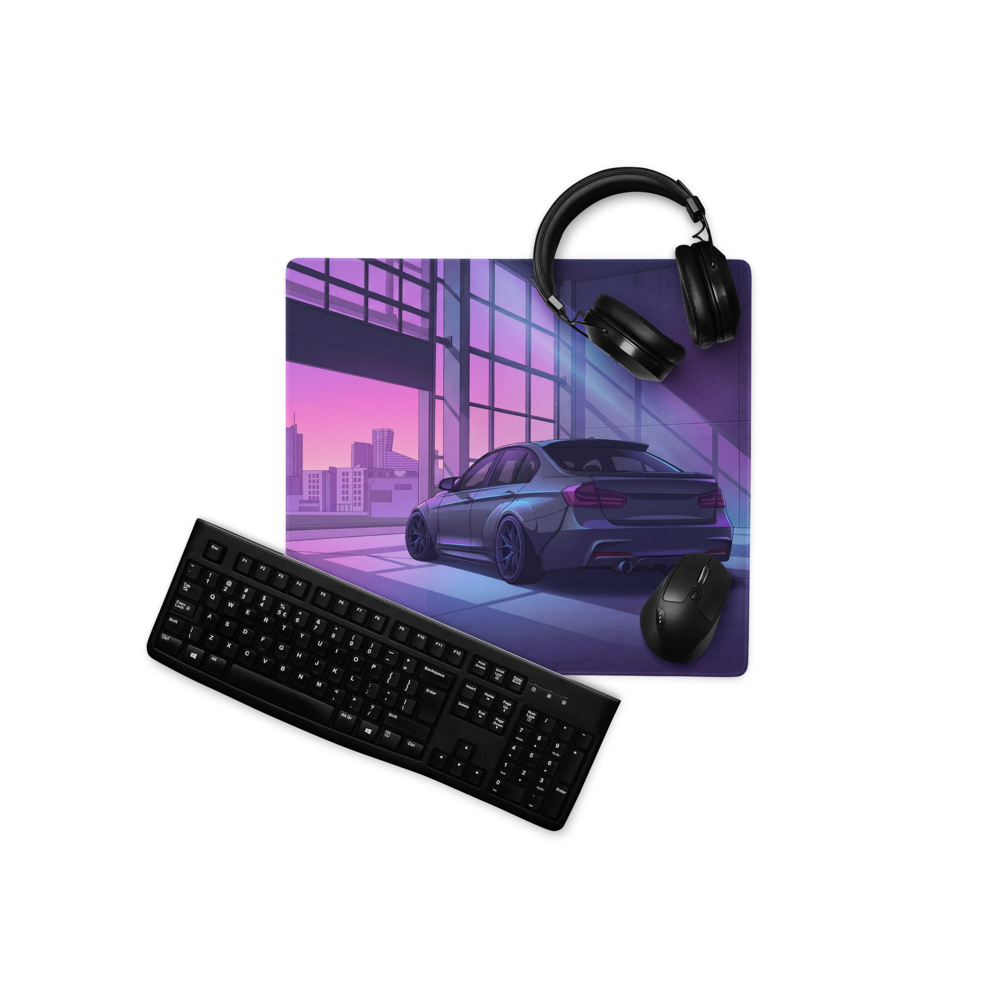 BMW M3 Inspired Black Purple Vaporwave Gaming Mouse Pad, Neon Luxury Coupe Desk Mat with Futuristic City Garage Artwork