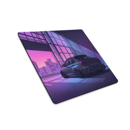 BMW M3 Inspired Black Purple Vaporwave Gaming Mouse Pad, Neon Luxury Coupe Desk Mat with Futuristic City Garage Artwork