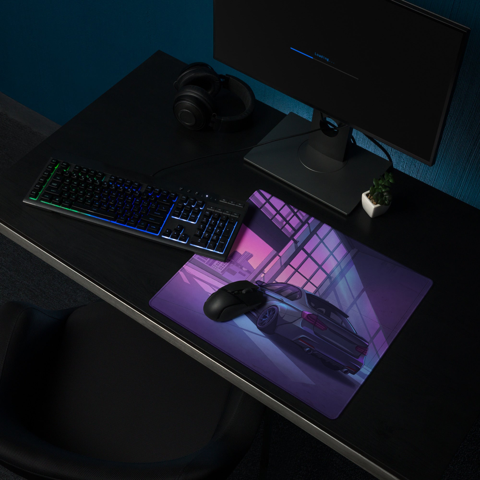 BMW M3 Inspired Black Purple Vaporwave Gaming Mouse Pad, Neon Luxury Coupe Desk Mat with Futuristic City Garage Artwork
