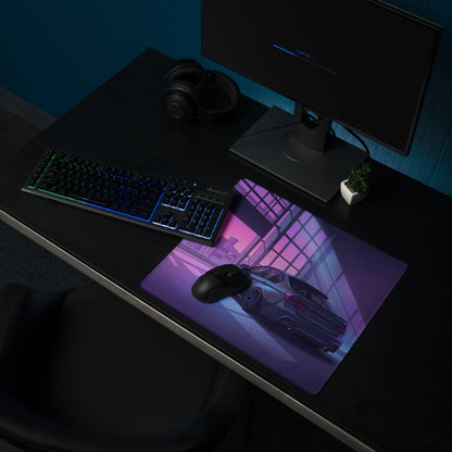BMW M3 Inspired Black Purple Vaporwave Gaming Mouse Pad, Neon Luxury Coupe Desk Mat with Futuristic City Garage Artwork