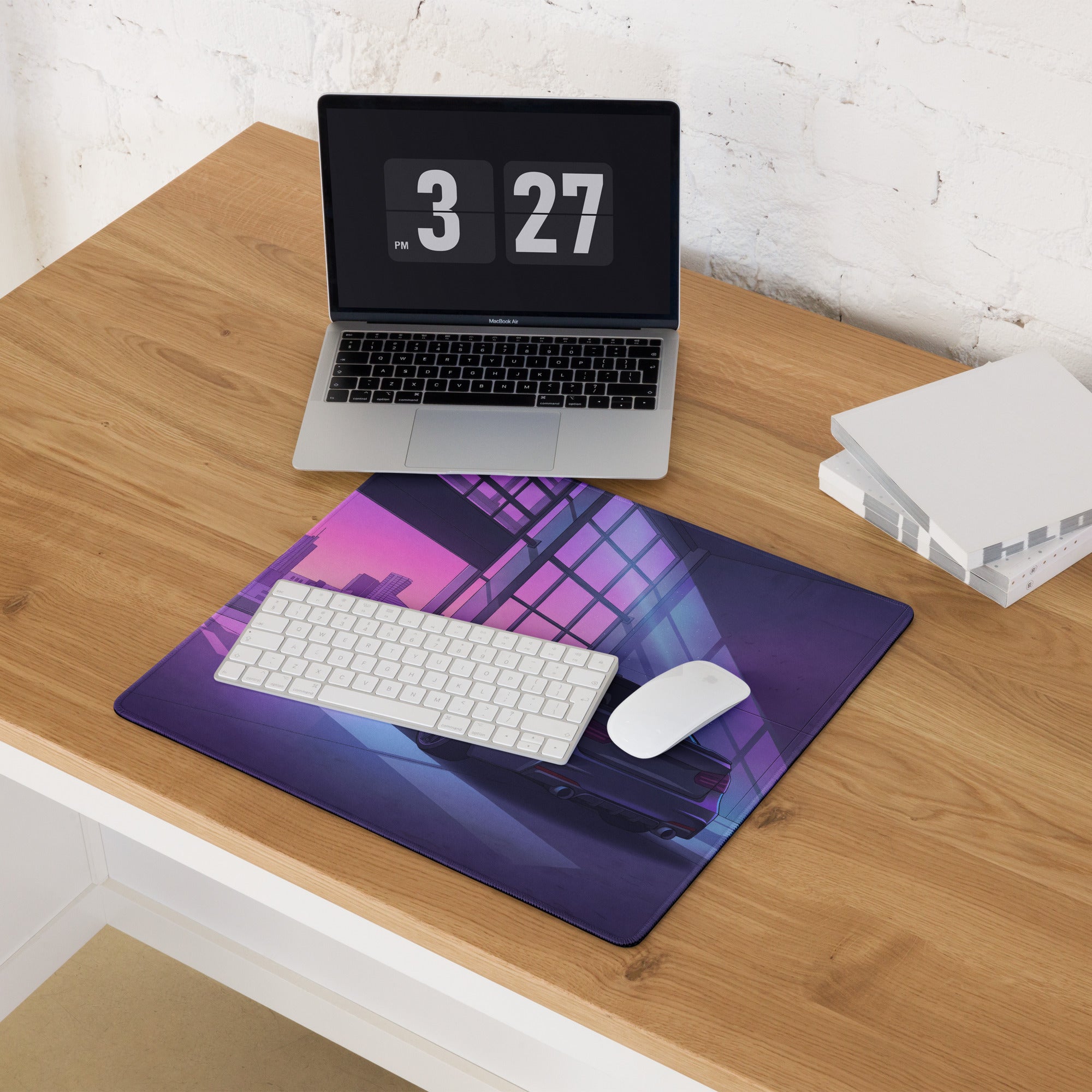 BMW M3 Inspired Black Purple Vaporwave Gaming Mouse Pad, Neon Luxury Coupe Desk Mat with Futuristic City Garage Artwork