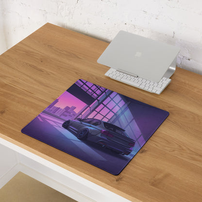 BMW M3 Inspired Black Purple Vaporwave Gaming Mouse Pad, Neon Luxury Coupe Desk Mat with Futuristic City Garage Artwork