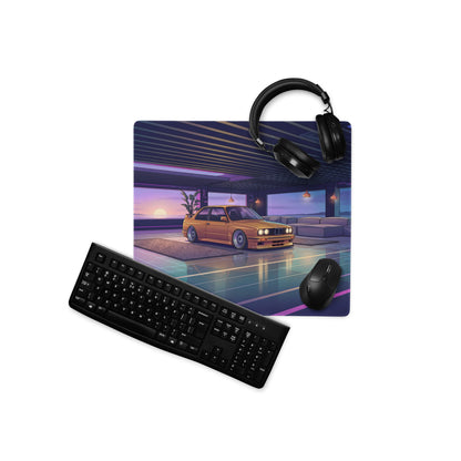 BMW E30 Touring Inspired Gold Purple Vaporwave Gaming Mouse Pad, Retro Wagon Desk Mat with Neon Sunset Garage Artwork