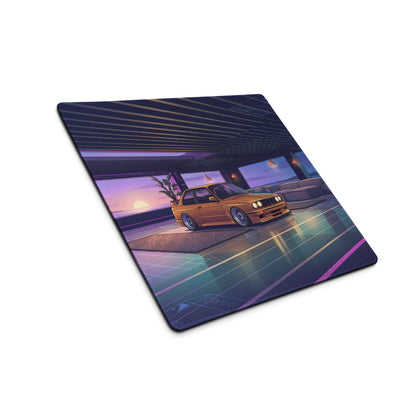 BMW E30 Touring Inspired Gold Purple Vaporwave Gaming Mouse Pad, Retro Wagon Desk Mat with Neon Sunset Garage Artwork