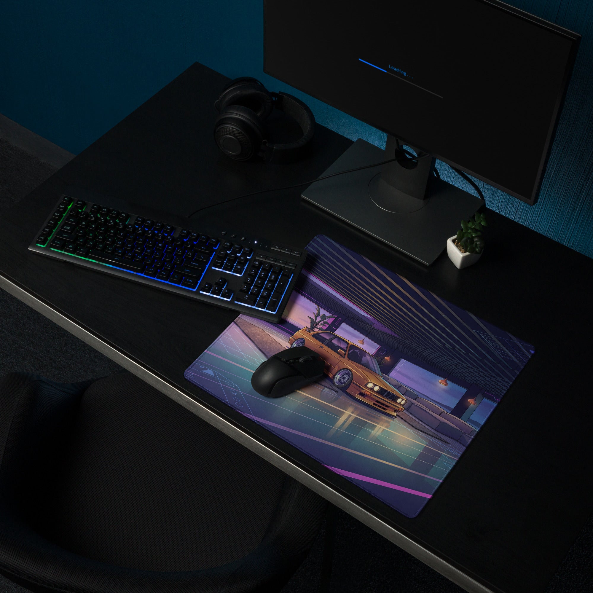 BMW E30 Touring Inspired Gold Purple Vaporwave Gaming Mouse Pad, Retro Wagon Desk Mat with Neon Sunset Garage Artwork