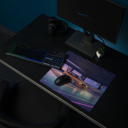 BMW E30 Touring Inspired Gold Purple Vaporwave Gaming Mouse Pad, Retro Wagon Desk Mat with Neon Sunset Garage Artwork