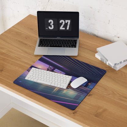 BMW E30 Touring Inspired Gold Purple Vaporwave Gaming Mouse Pad, Retro Wagon Desk Mat with Neon Sunset Garage Artwork