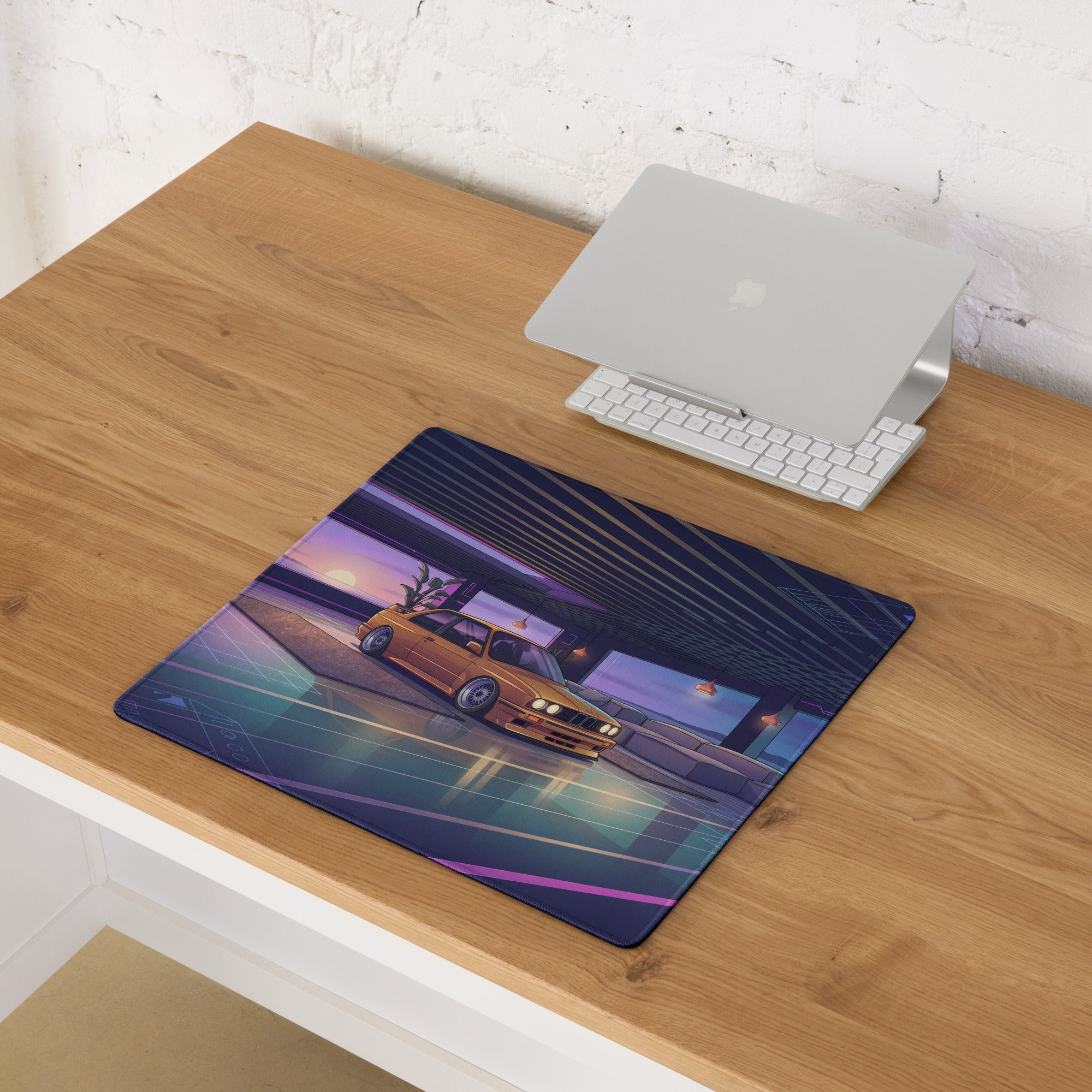 BMW E30 Touring Inspired Gold Purple Vaporwave Gaming Mouse Pad, Retro Wagon Desk Mat with Neon Sunset Garage Artwork