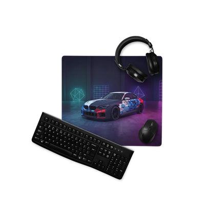BMW M4 GT3 Inspired White Blue Vaporwave Gaming Mouse Pad, Neon Race Car Desk Mat with Futuristic Cyberpunk Garage Artwork