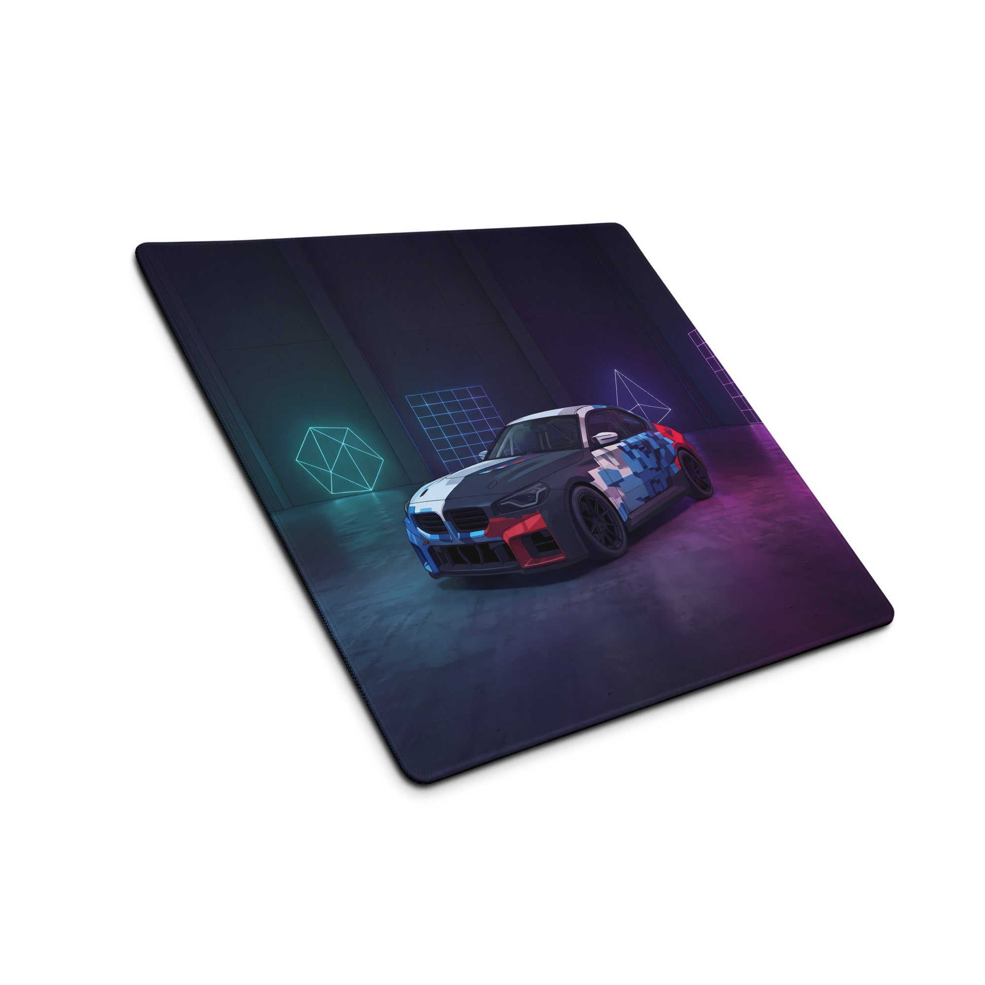 BMW M4 GT3 Inspired White Blue Vaporwave Gaming Mouse Pad, Neon Race Car Desk Mat with Futuristic Cyberpunk Garage Artwork