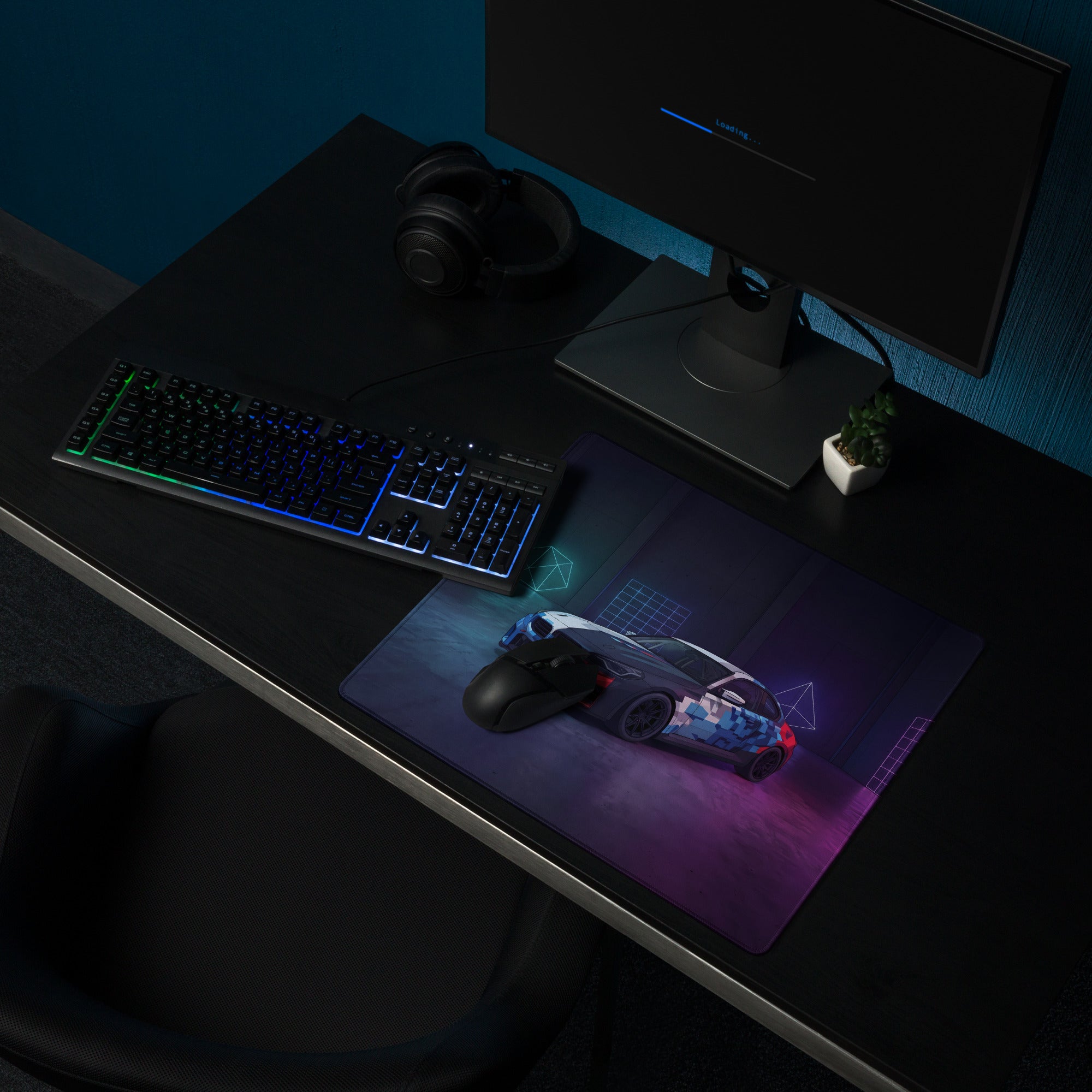 BMW M4 GT3 Inspired White Blue Vaporwave Gaming Mouse Pad, Neon Race Car Desk Mat with Futuristic Cyberpunk Garage Artwork