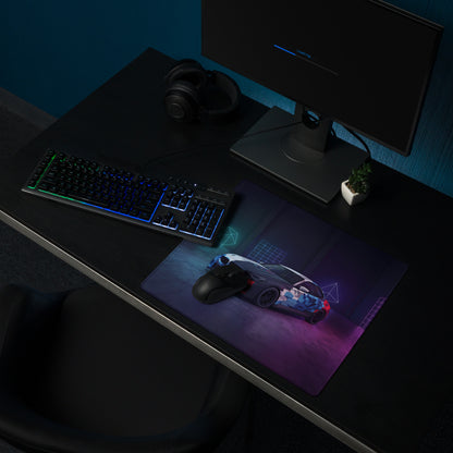 BMW M4 GT3 Inspired White Blue Vaporwave Gaming Mouse Pad, Neon Race Car Desk Mat with Futuristic Cyberpunk Garage Artwork