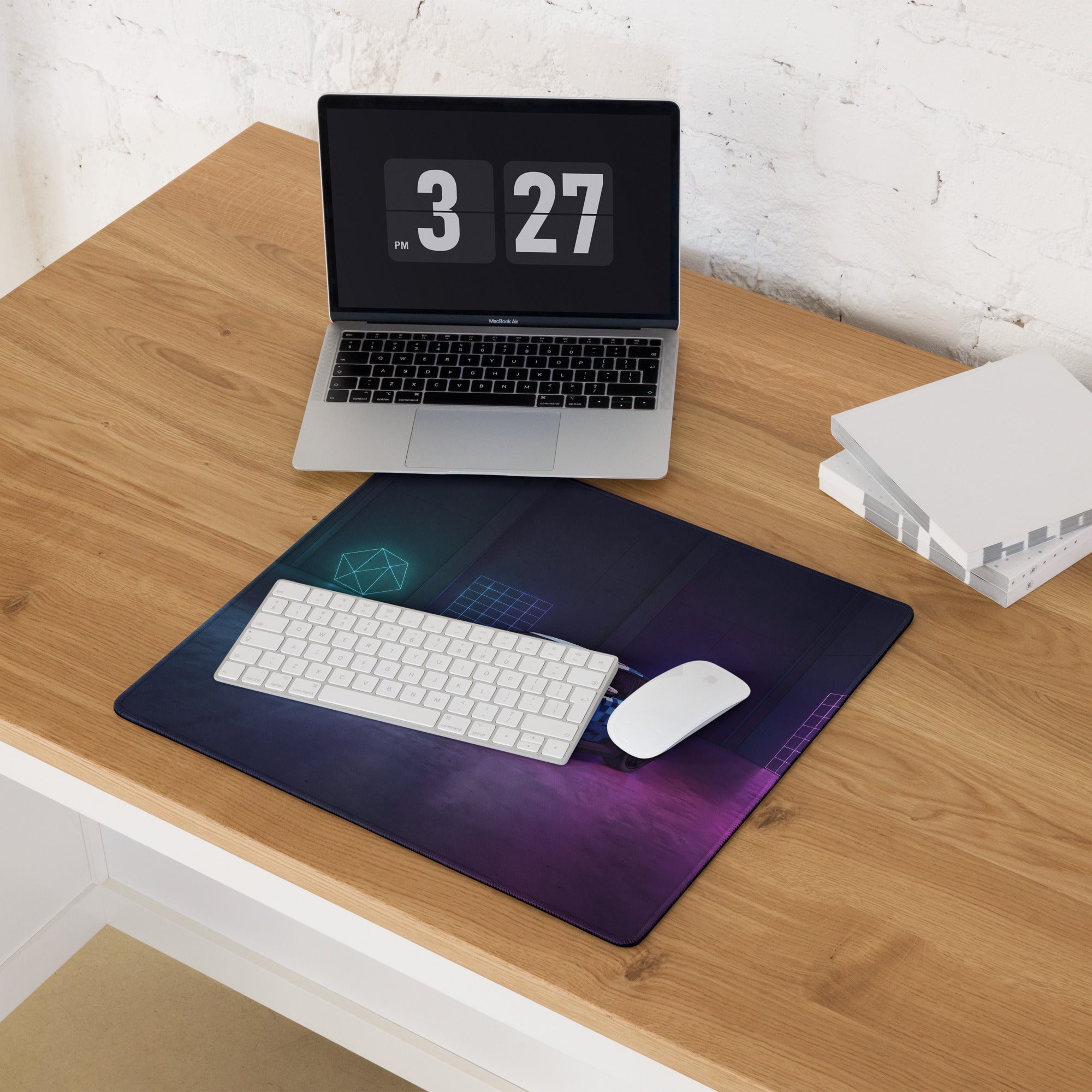 BMW M4 GT3 Inspired White Blue Vaporwave Gaming Mouse Pad, Neon Race Car Desk Mat with Futuristic Cyberpunk Garage Artwork