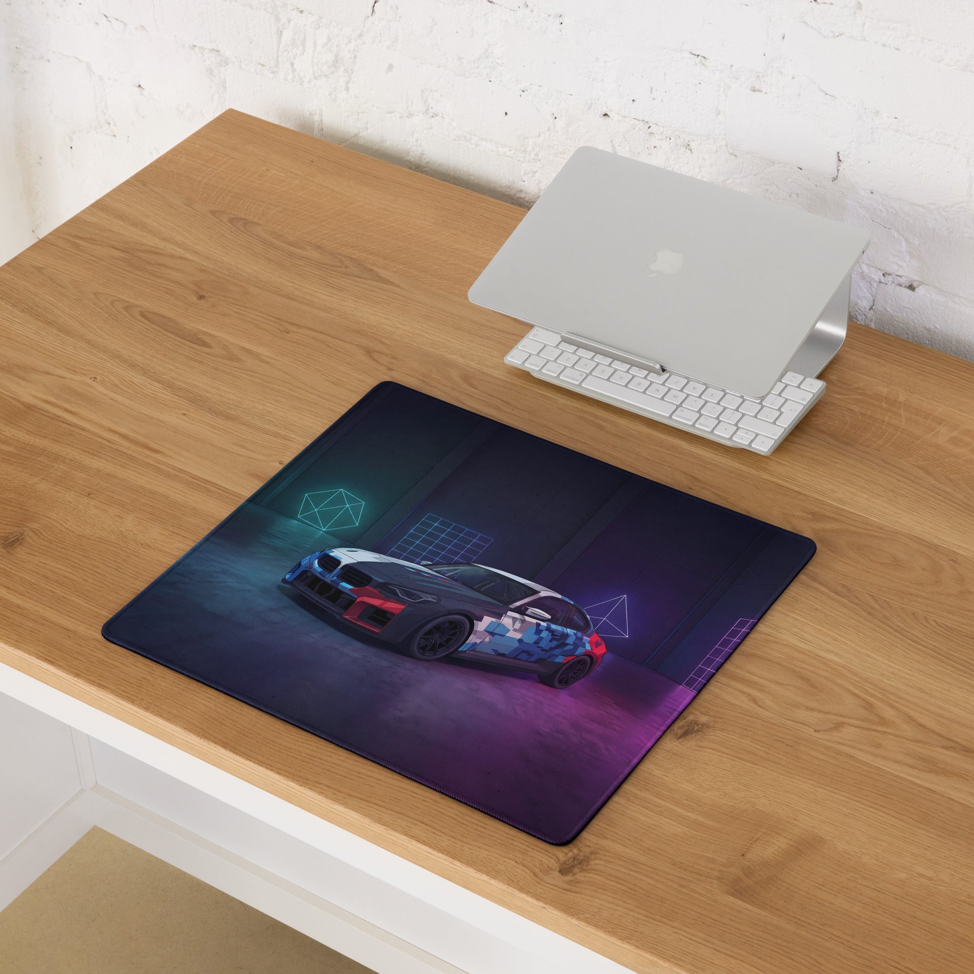 BMW M4 GT3 Inspired White Blue Vaporwave Gaming Mouse Pad, Neon Race Car Desk Mat with Futuristic Cyberpunk Garage Artwork