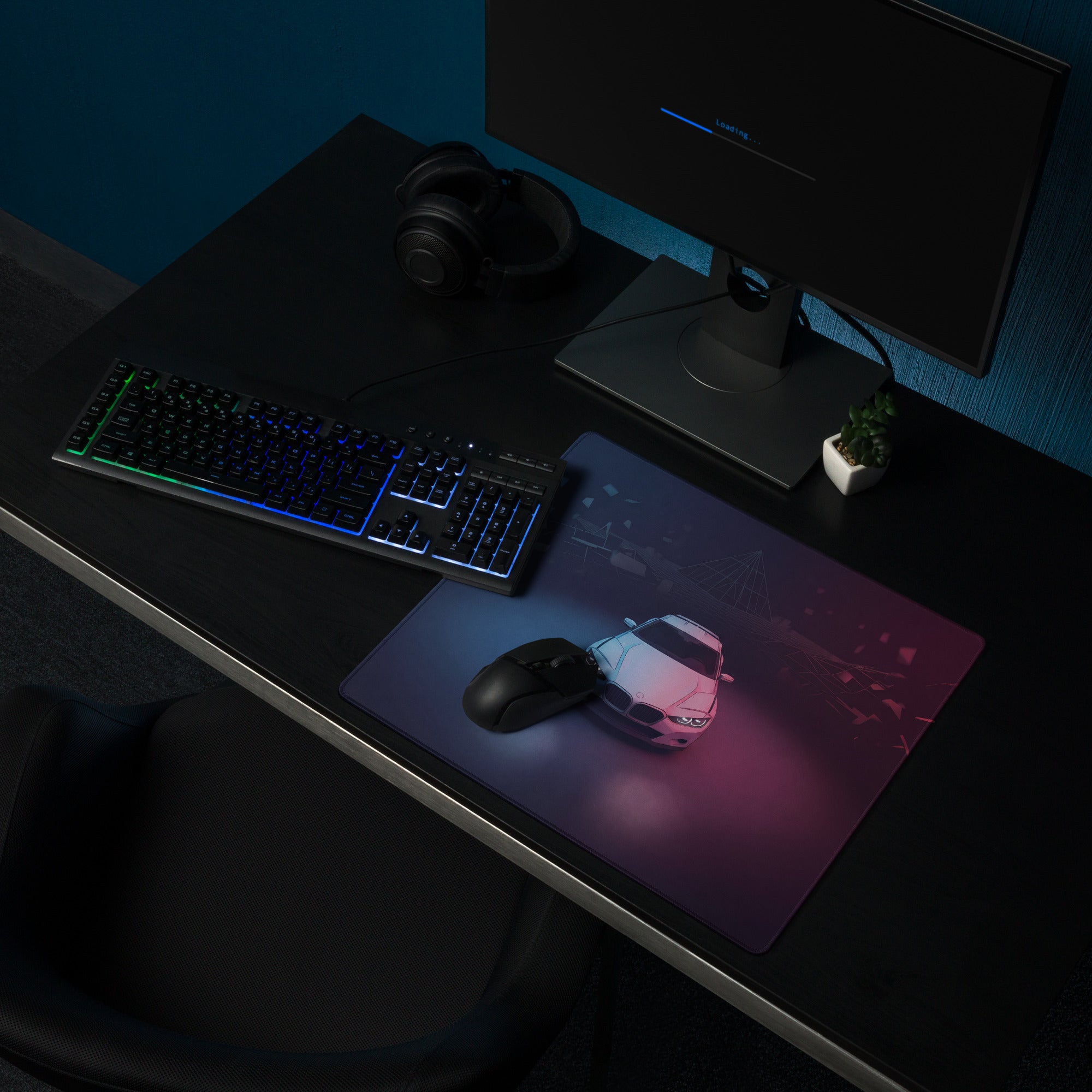 BMW Inspired Silver Pink Vaporwave Gaming Mouse Pad, Neon Luxury Roadster Desk Mat with Moody Retro Futuristic Abstract Artwork