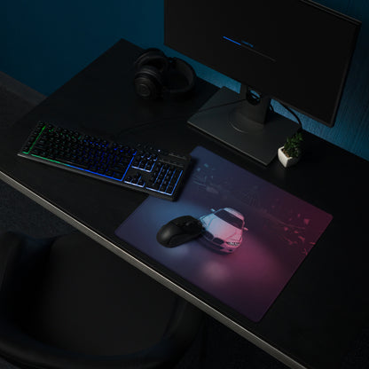 BMW Inspired Silver Pink Vaporwave Gaming Mouse Pad, Neon Luxury Roadster Desk Mat with Moody Retro Futuristic Abstract Artwork