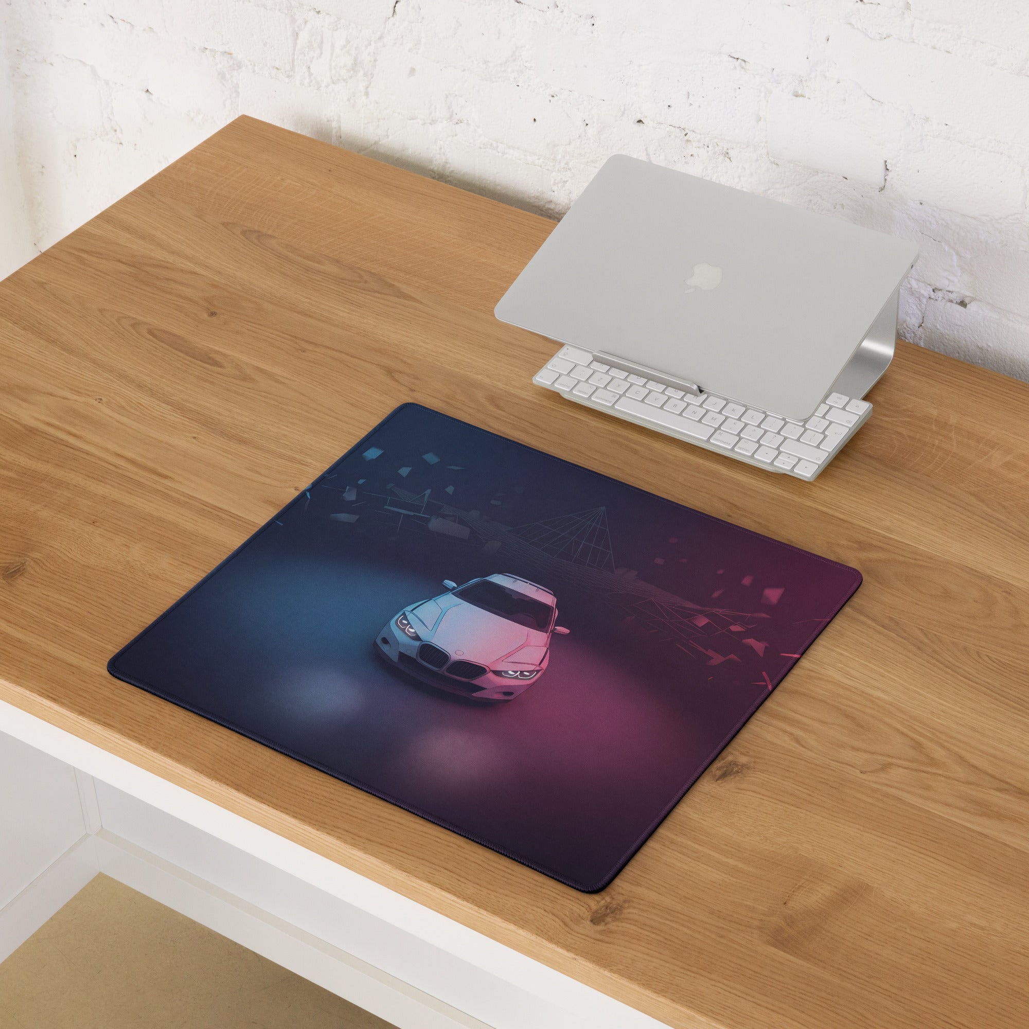 BMW Inspired Silver Pink Vaporwave Gaming Mouse Pad, Neon Luxury Roadster Desk Mat with Moody Retro Futuristic Abstract Artwork