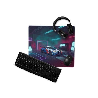 BMW M4 GT3 Inspired White Blue Vaporwave Gaming Mouse Pad, Neon Race Car Desk Mat with Futuristic Cyberpunk Garage Artwork